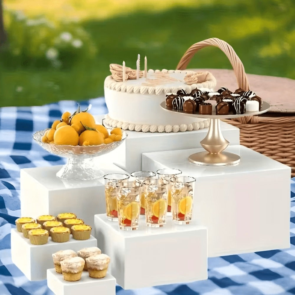 Display Stands 6pcs Five-Sided Square Buffet Risers - White Transparent Dessert Cake Display Storage Rack for Party Wedding Catering Retail Boutique Gallery Home Decor