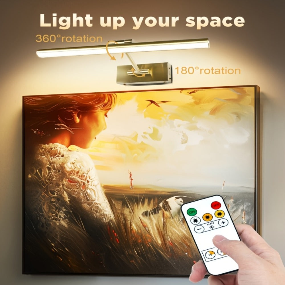 Picture Light 16 Inch Wireless Battery Powered LED Wall Light 6000mAh Rechargeable Remote Control Adjustable Brightness Art Light for Photo Frame Portrait Gallery Painting Home Decor Gold Black