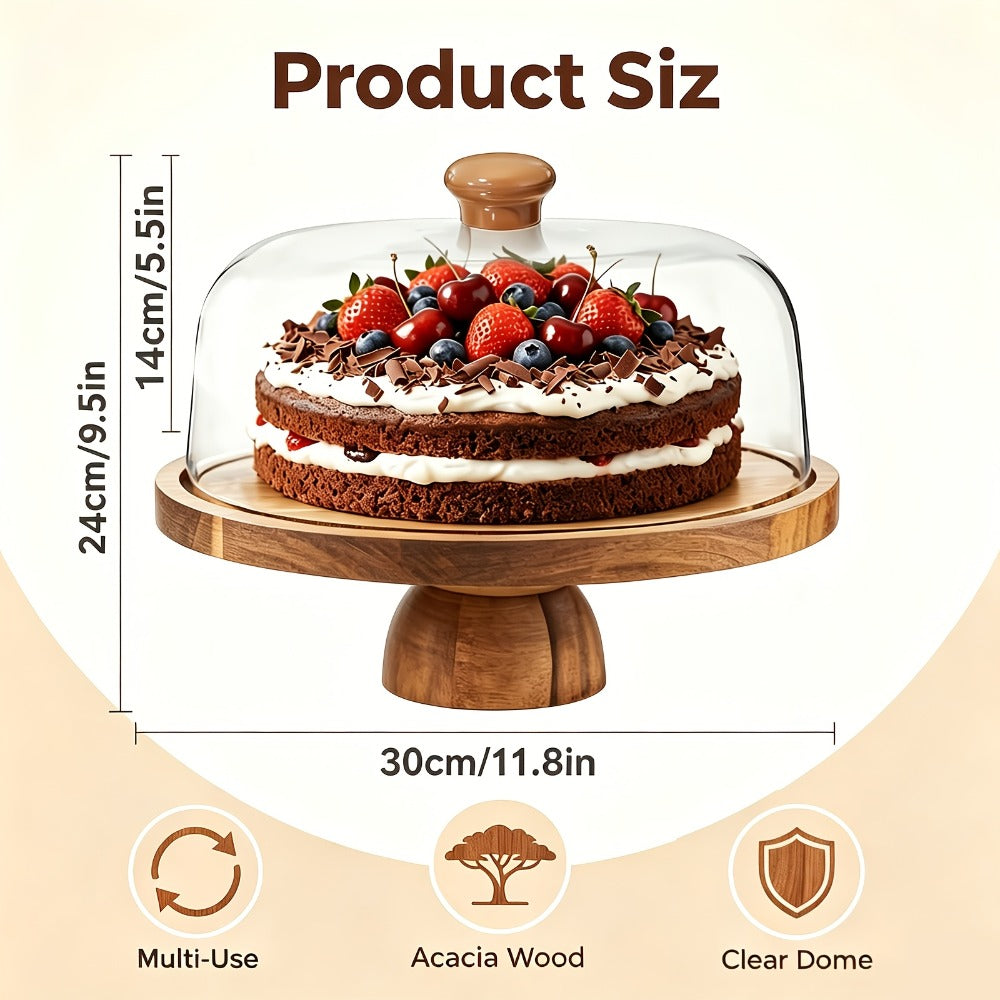 Cake Stand with Acrylic Dome Lid ¨C Acacia Wood Serving Platter 2-in-1 Round Shatterproof Dessert Display Tray for Cheese Charcuterie Fruit Veggie Chips Party Table Centerpiece Holiday Gift