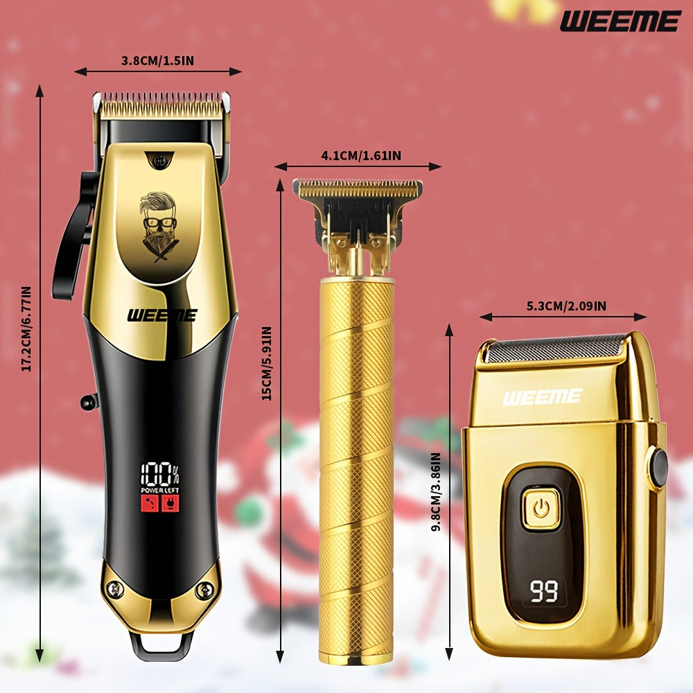 Professional Hair Clipper Set for Men ¨C 3pcs Golden Cordless Kit with Beard Trimmer & T-Blade Trimmer, Hair Cutting & Styling Tools, Ideal Birthday & Father¡¯s Day Gift for Men