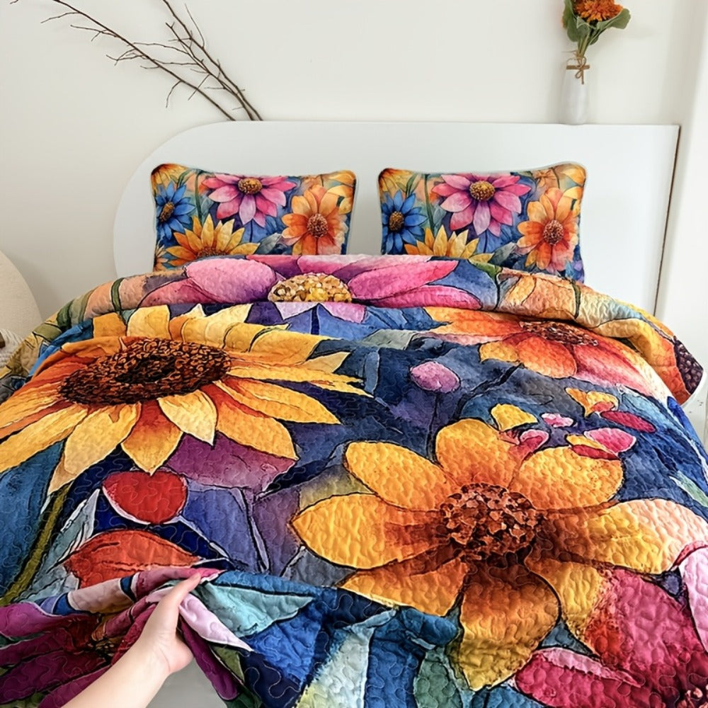Comforter Set 2 3 Piece Colorful Floral Print Quilt with Pillowcases, Soft Breathable Hypoallergenic Machine Washable Quilted Bed Cover for Twin Full Queen King, Boho Flower Bedding Room Decor