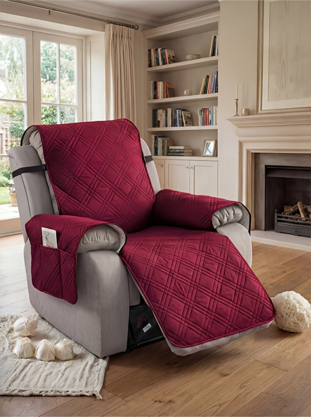 Recliner Cover Quilted with Side Pocket - Anti-Slip Elastic Band Pet Friendly Sofa Chair Protective Slipcover Easy Install for Living Room Home Decor, 6 Colors