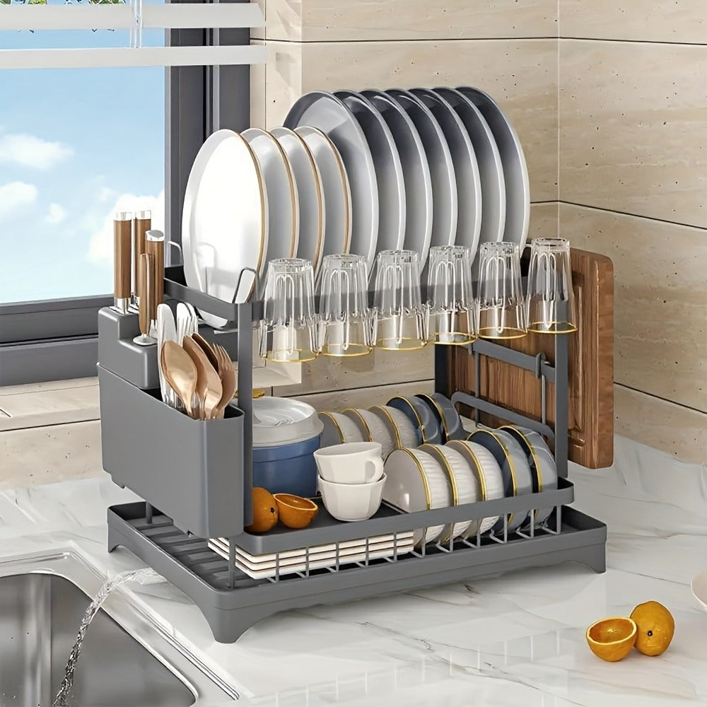 2-Tier Metal Dish Drying Rack with Drainboard ¨C Kitchen Counter Dish Drainer Compact Countertop Drying Rack Black White Gray