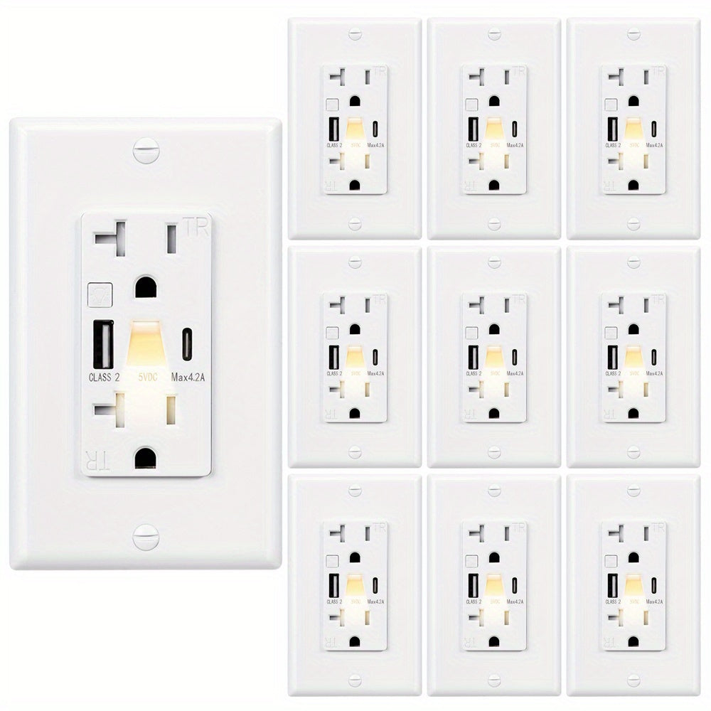 USB Wall Outlet with Night Light 20A 125V Tamper-Resistant - Type A & Type C Ports 5V 4.2A Fast Charging - ETL Listed USB C Electrical Outlet with Wallplate Included - White Smart USB Socket