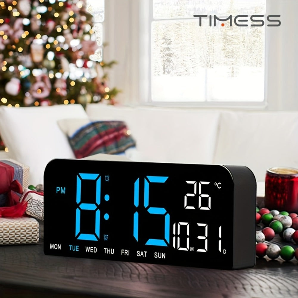 Large Digital LED Wall Clock Dual Alarm Clock with Temperature Date Display Brightness Adjustment 12/24H USB Powered for Living Room Bedroom Office Back to School Gift