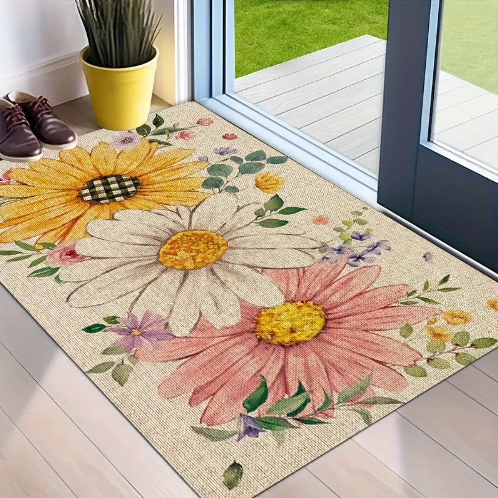 Sunflower Daisy Doormat Floral Welcome Mat Flannel Non-Slip Rug for Front Door Entryway Bathroom Kitchen, Spring Summer Seasonal Decor, 10mm Thick, Single & Set Options
