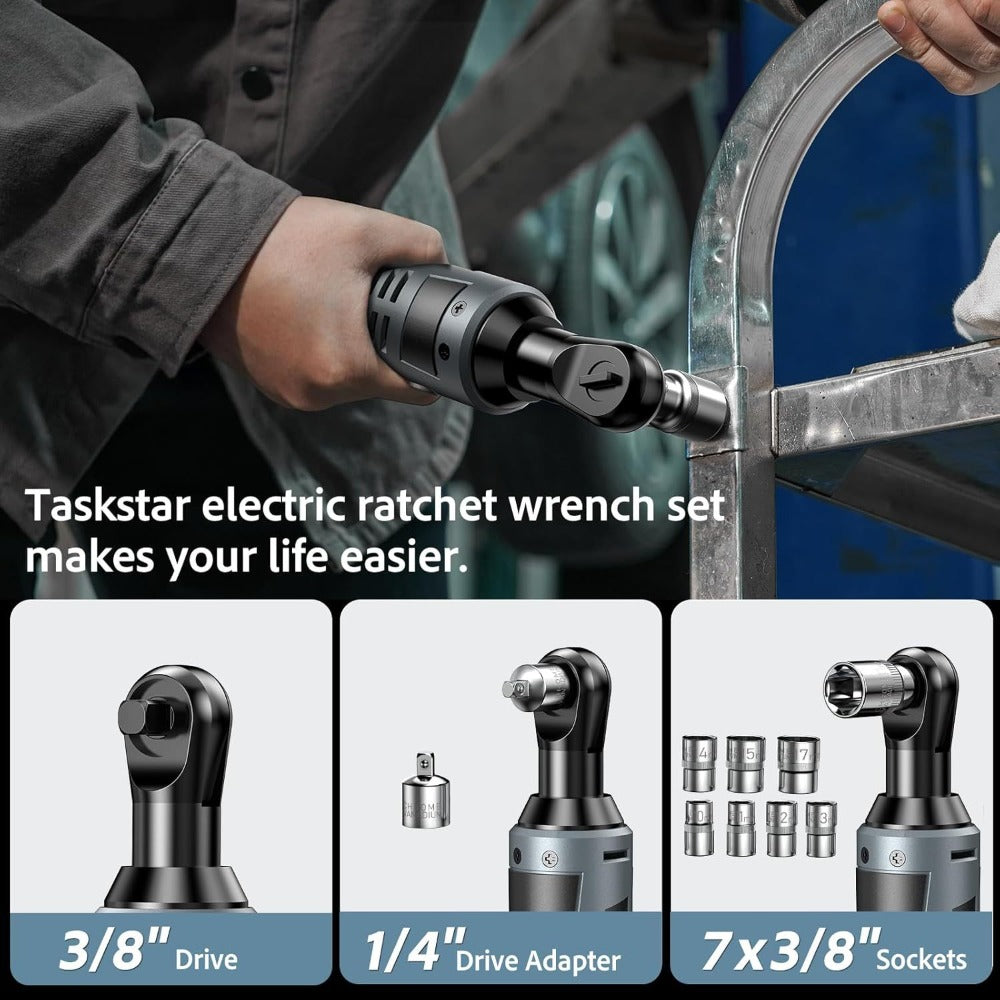 Electric Ratchet Wrench Set 3/8 Inch with 400Nm Impact Wrench - Variable Speed Trigger Batteries Fast Charger 1/4 Inch Adapter Cordless Power Tool Kit | Automotive Home Repair DIY