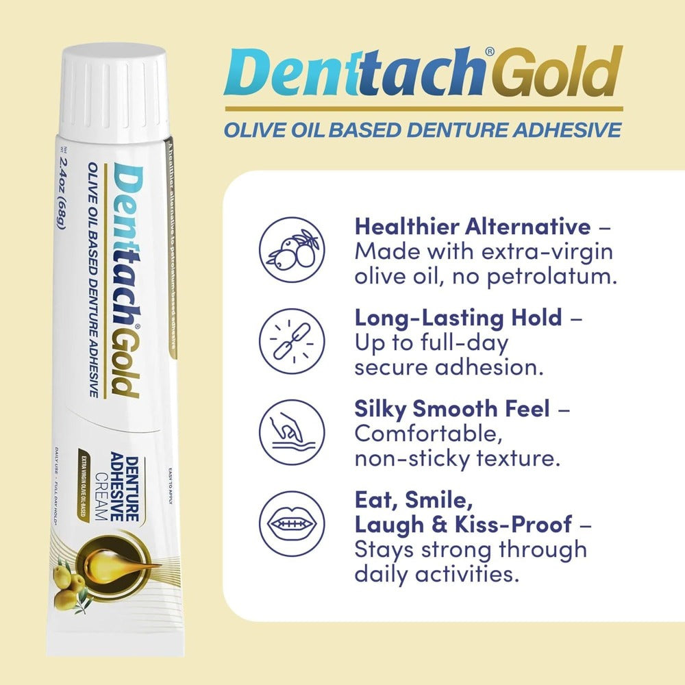 Denture Adhesive Cream ¨C Olive Oil-Based All-Day Secure Hold for Full & Partial Dentures, Zinc-Free Petroleum-Free Non-Glue Cushion Soft Reliner, Tightens Loose Dentures, 2.4oz Natural Formula