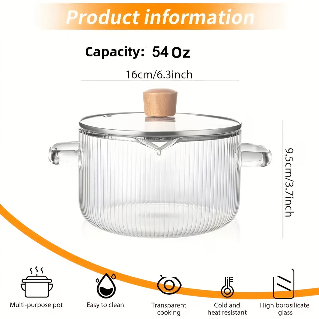 Glass Saucepan Set 2-Pack Stovetop Safe Borosilicate Ribbed Pots with Lids ¨C 78oz & 54oz Heat Resistant Cookware for Soup, Ramen, Milk | Transparent Glass Pot Kitchen Cooking Set with Baking Mat