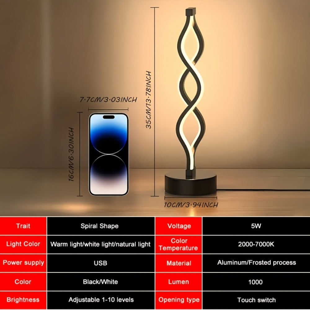 Spiral LED Table Lamp ¨C Modern Minimalist Wave Dimmable Desk Lamp, 3 Color Temperatures, USB Charging, Metallic Base, Creative Curved Night Light for Bedroom Living Room Office Study (1pc / 2pc / Wooden)