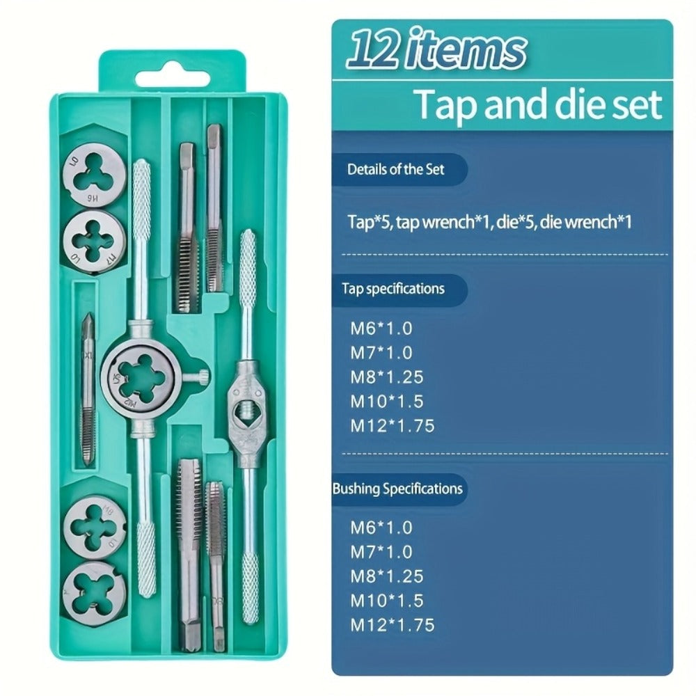Metric Tap and Die Set 12pcs or 40pcs, M3-M12 Hand Thread Tapping Tool Kit with Plug Taps, Straight & Cone Reamers, Manual Threading Tool for DIY, Household Repair & Metalworking