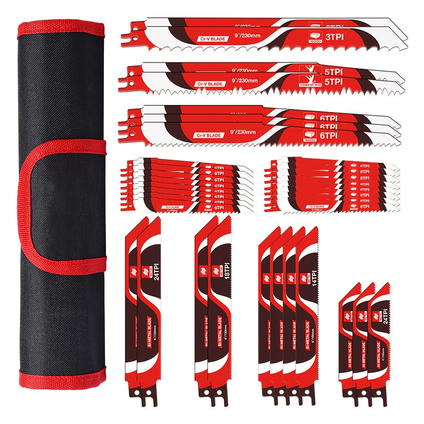 Reciprocating Saw Blades Set 34-Piece ¨C Universal Fit Heavy Duty Bi-Metal Blades for Metal & Wood Cutting, Demolition, Pruning, Remodeling, Compatible with DeWalt Makita Milwaukee Bosch, Storage Pouch