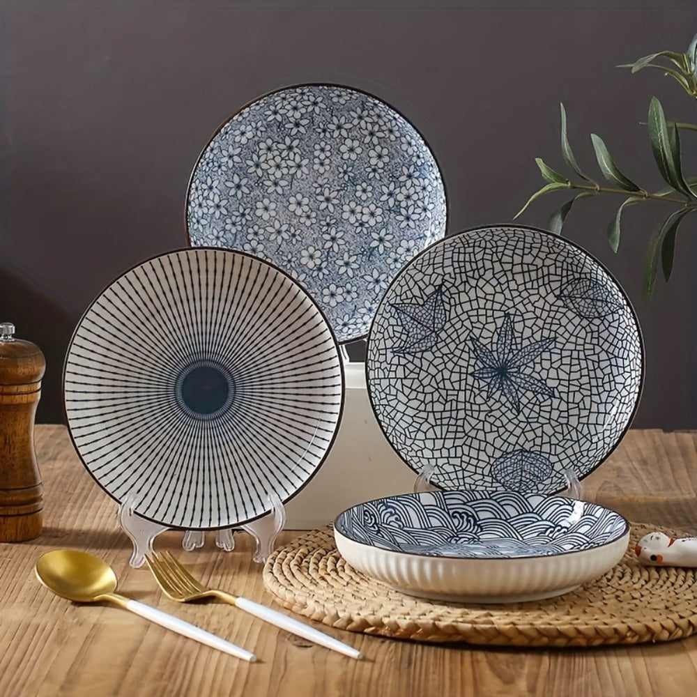 Japanese Ceramic Plates Set of 4 ¨C Floral Yamada Pattern Dinnerware, 7-Inch Round Serving Plates with Non-Slip Edge, Underglaze Color, Nordic Style Steak & Salad Dish
