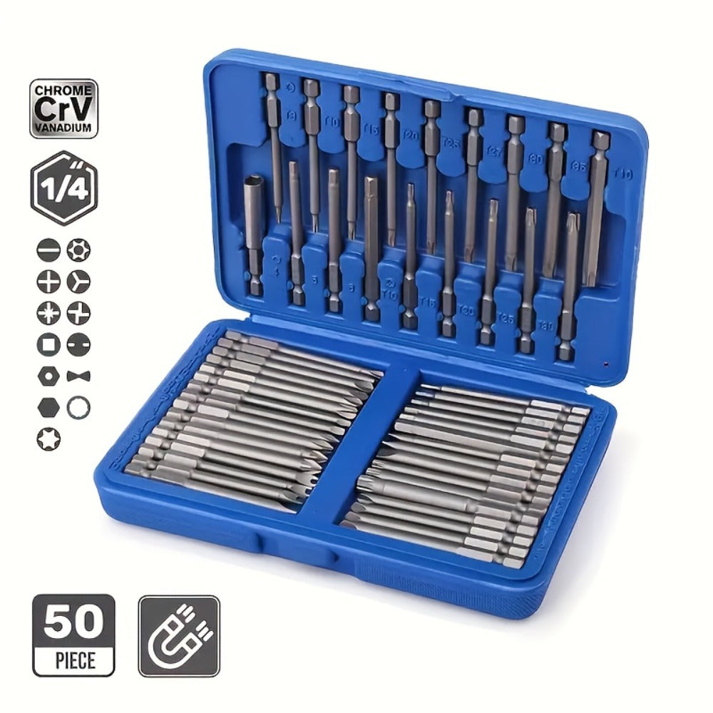 Magnetic Screwdriver Bits Set 50pcs ¨C 75mm Extended Security Bits, 1/4¡± Hex Shank, Torx Star Hex Spline, for Power Drills & Hand Screwdrivers