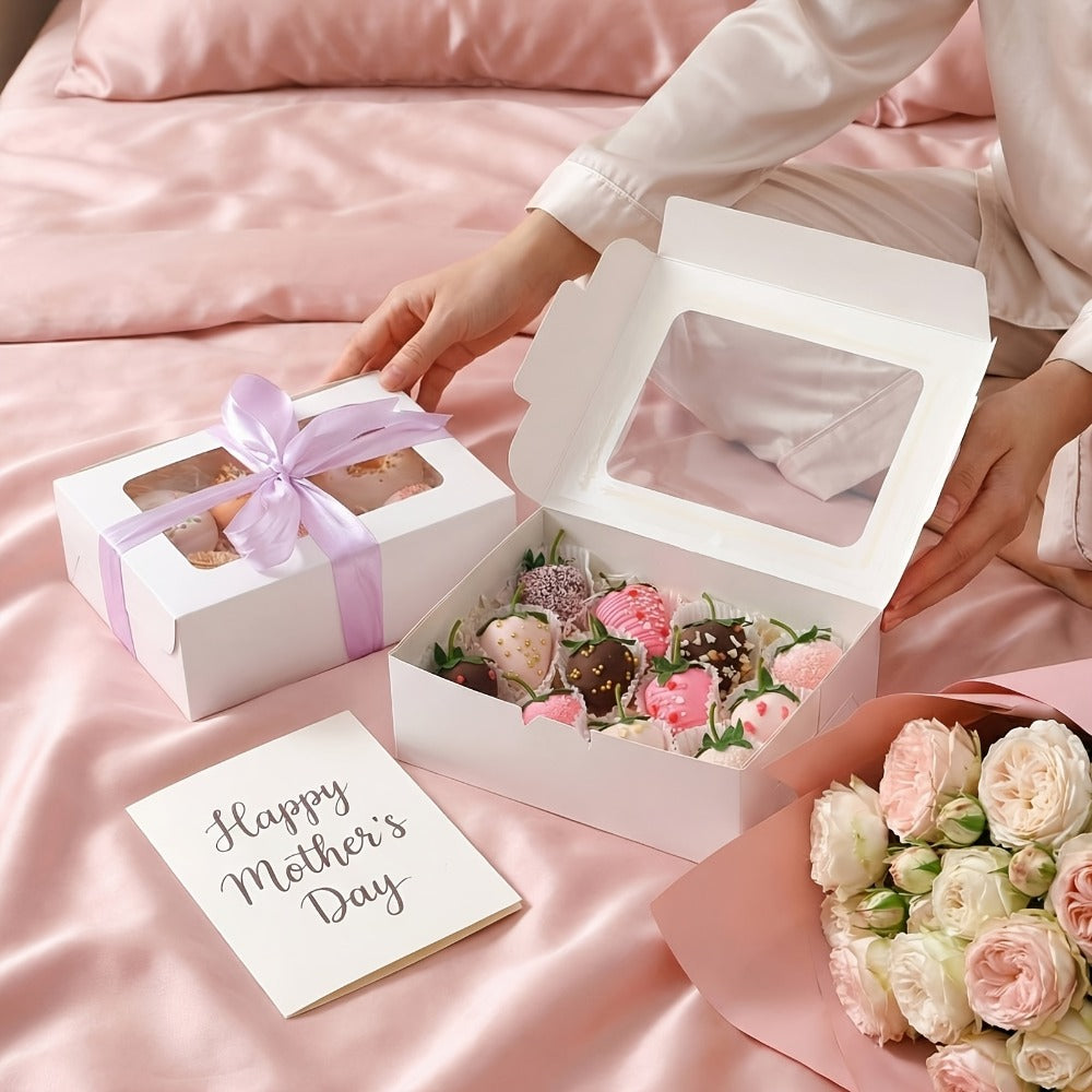 Cookie Boxes with Window 48pcs | 8x6x2.5 Inch Bakery Boxes 3 Styles | Clear Window Pastry Gift Boxes for Chocolate Covered Strawberries, Candy, Donuts, Cookies | Birthday Party, Wedding, Father's Day