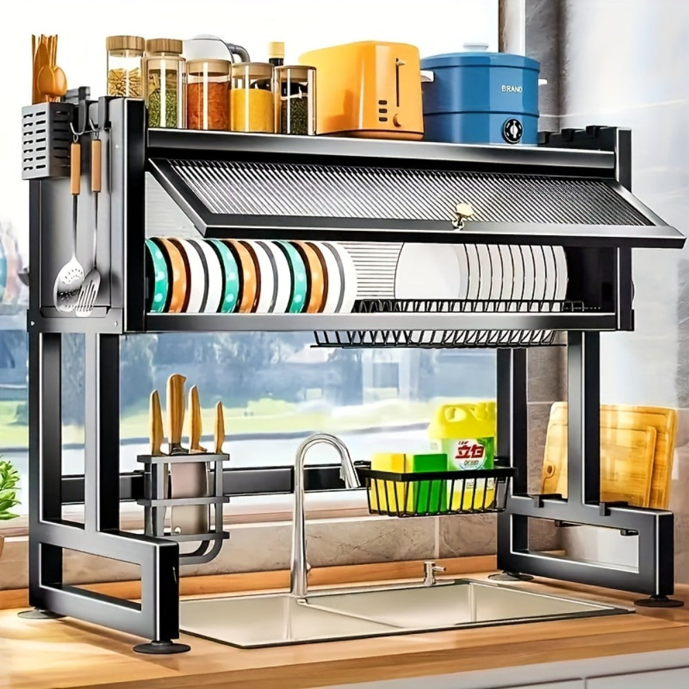 Dish Drying Rack Multi-Tier Kitchen Countertop Drain Rack with Dustproof Cover, Large Capacity Bowl Chopstick Utensil Storage Shelf Organizer for Kitchen Sink