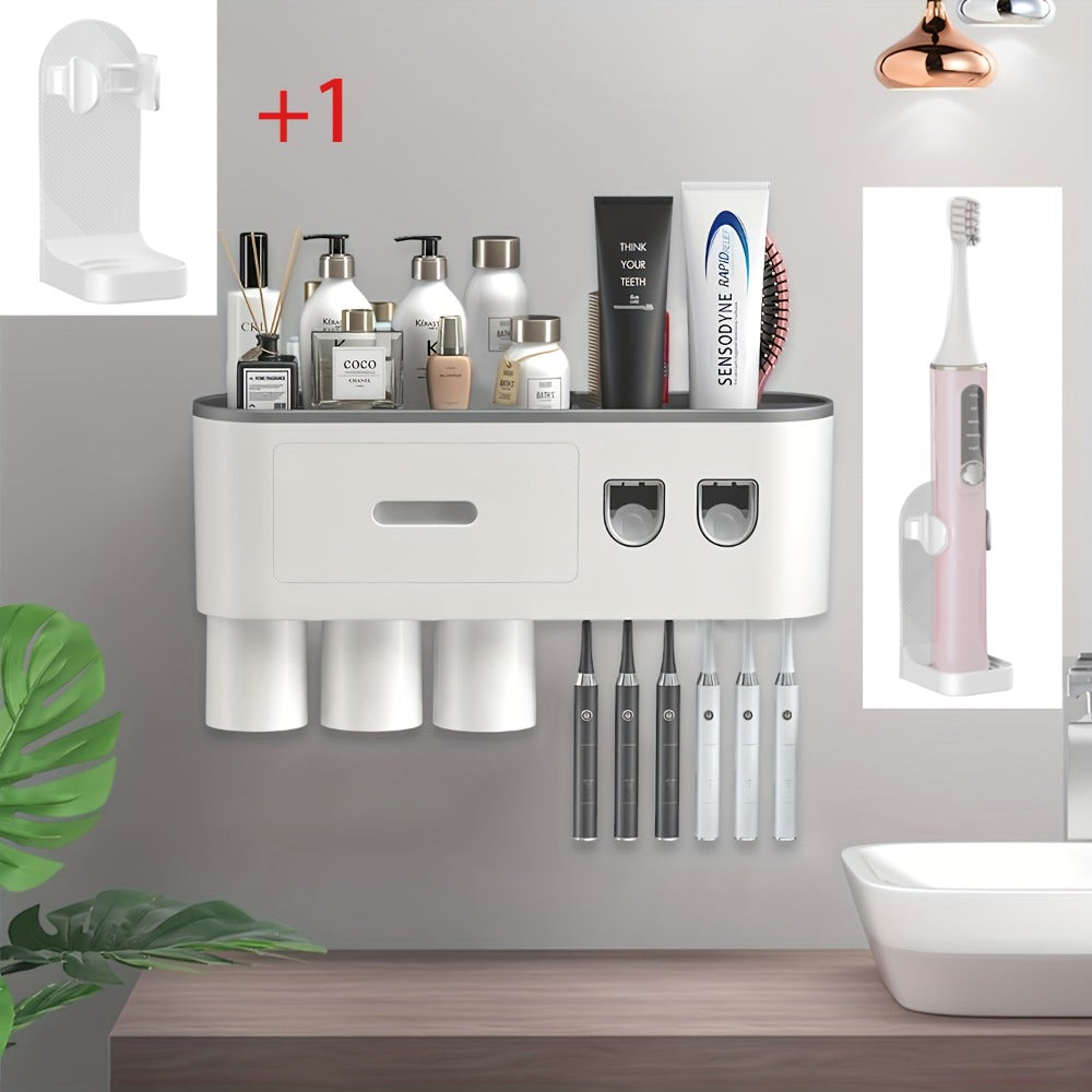 Wall Mounted Toothbrush Holder with Automatic Toothpaste Dispenser - 3 Cups Bathroom Organizer, Space-Saving Toothbrush Cup Holder for Family, Black & Gray