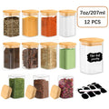 Spice Glass Jars Set with Labels 12pcs, Square Glass Spice Jars with Bamboo Lids, Sticker Labels, 5oz 7oz 9oz Food Storage Containers