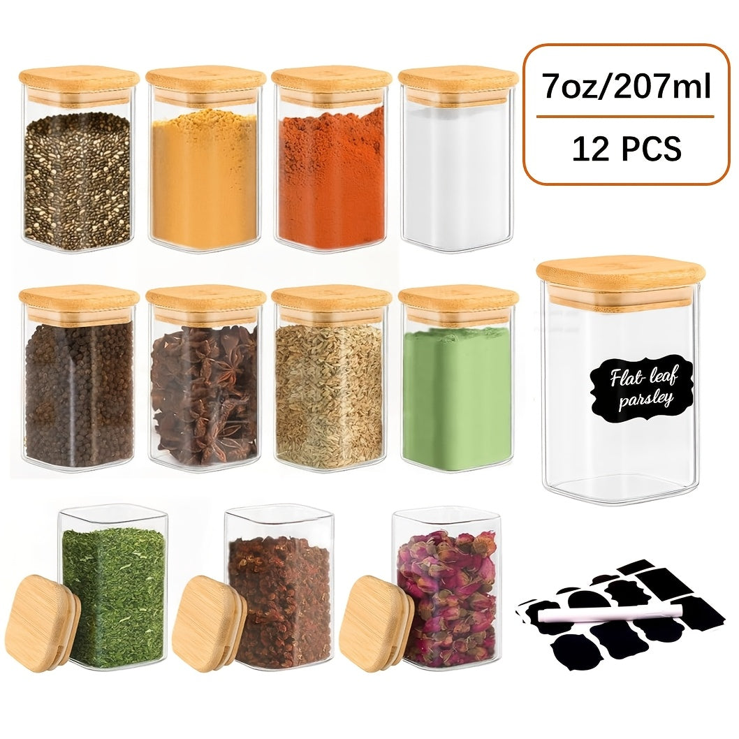 Spice Glass Jars Set with Labels 12pcs, Square Glass Spice Jars with Bamboo Lids, Sticker Labels, 5oz 7oz 9oz Food Storage Containers