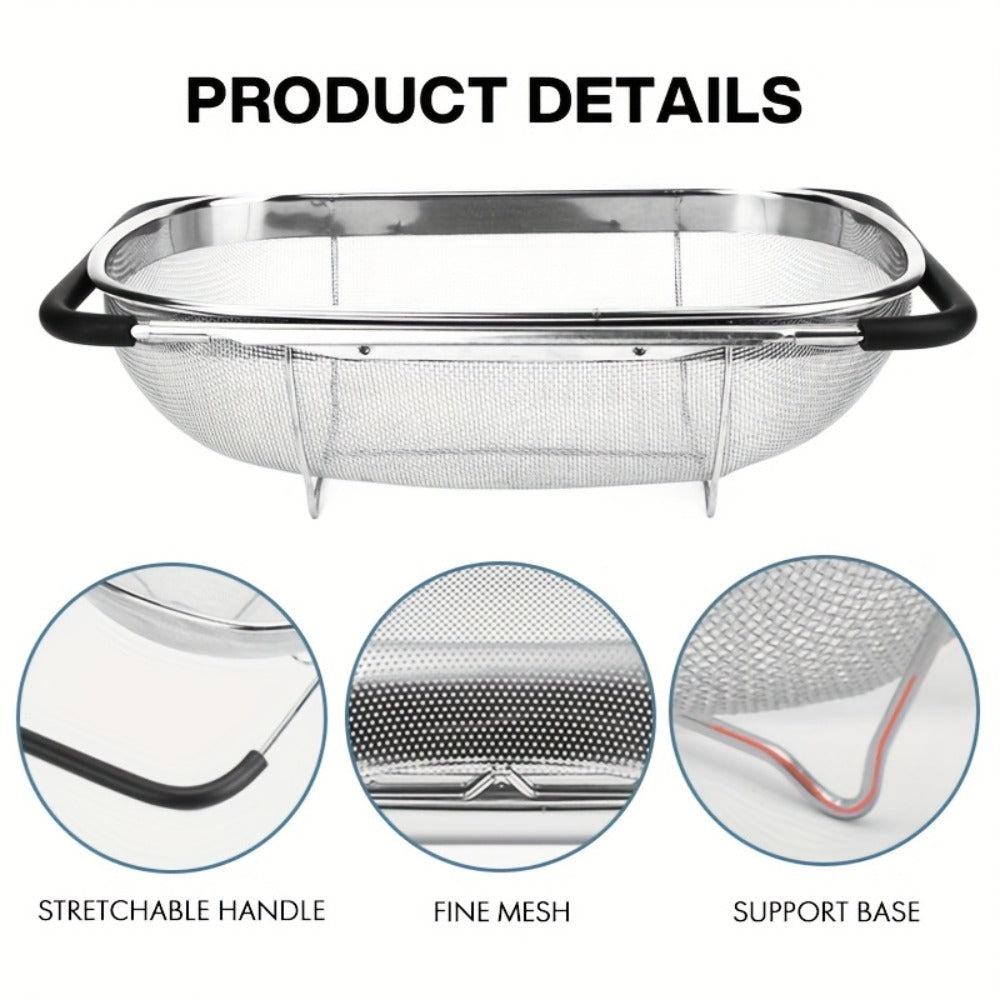 Stainless Steel Colander Expandable Fine Mesh Drain Basket Strainer for Vegetables Fruits Pasta Rice Kitchen Sink Washing Bowl Food Strainer
