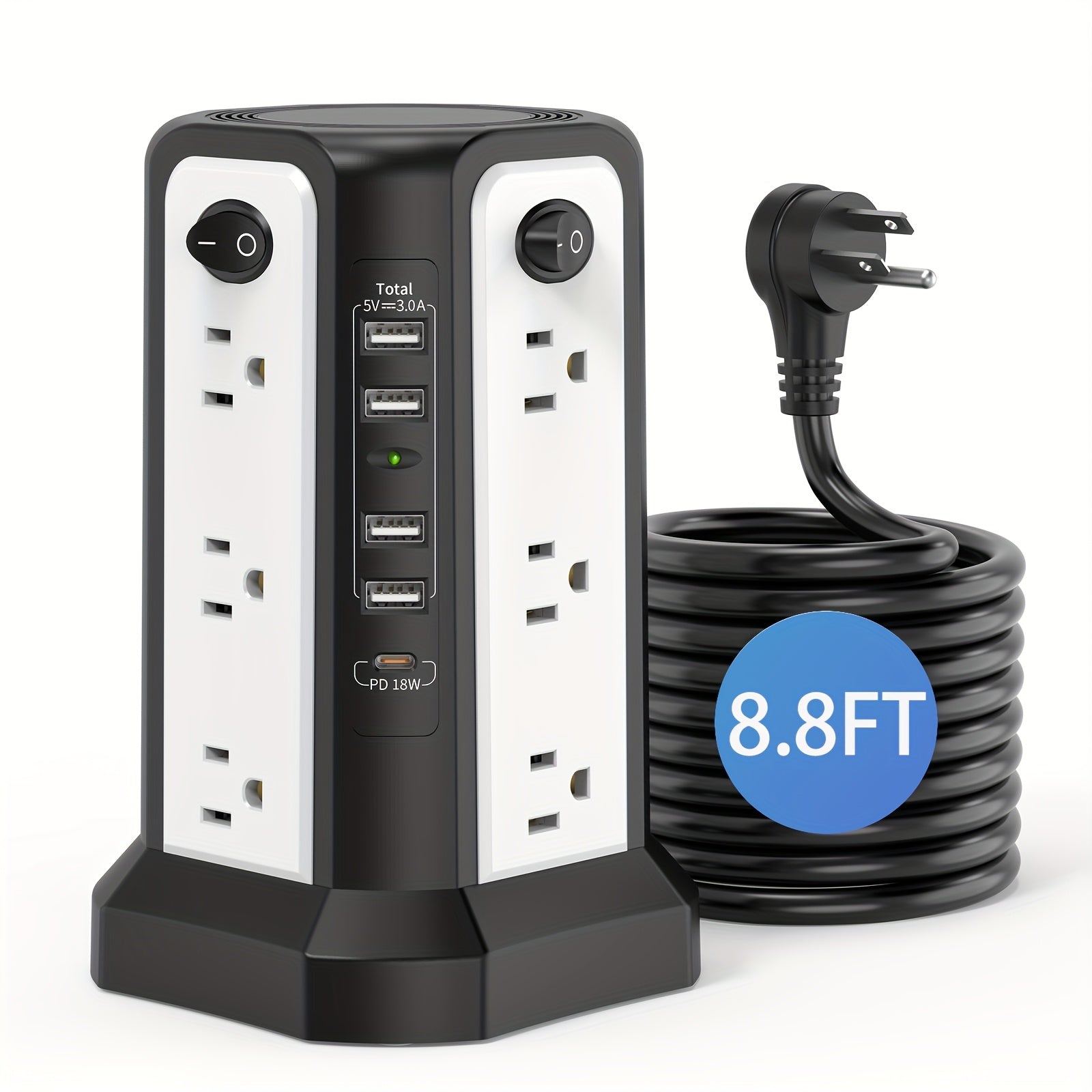 Power Strip Tower Surge Protector 16 AC Outlets 5 USB Ports PD20W USB-C Fast Charging Flat Plug Extension Cord 1500J Overload Protection Desktop Charging Station for Home Office Dorm