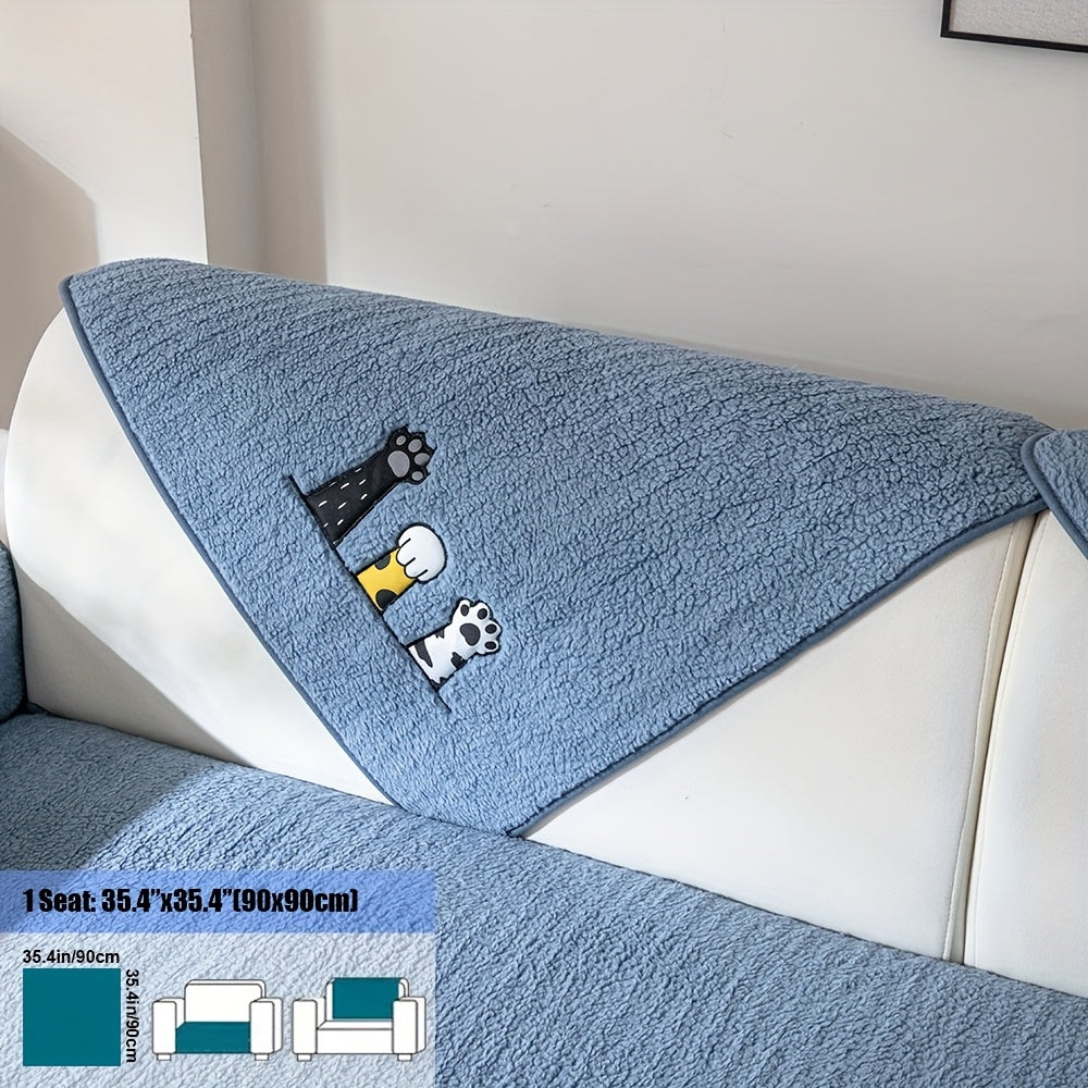 Sherpa Sofa Cover Cat Paw Embroidered Thick Plush Couch Slipcover Non-Slip Seat Cushion Protector Pet-Friendly Machine Washable Furniture Cover for Living Room Home Decor