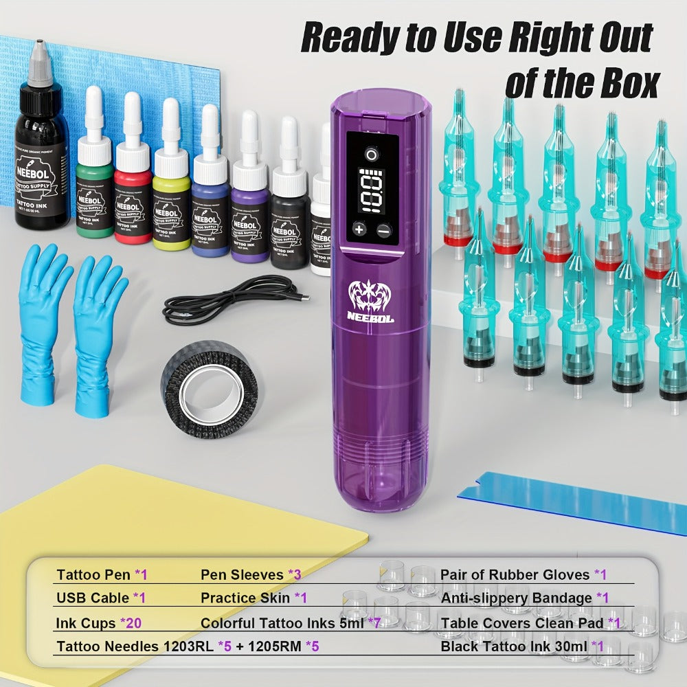 Wireless Tattoo Gun Kit ¨C Neebol Cordless Rotary Tattoo Machine with 2000mAh Battery, 10 Cartridge Needles, 7 Inks, Green Soap & Tattoo Supplies ¨C Portable Beginner & Artist Set