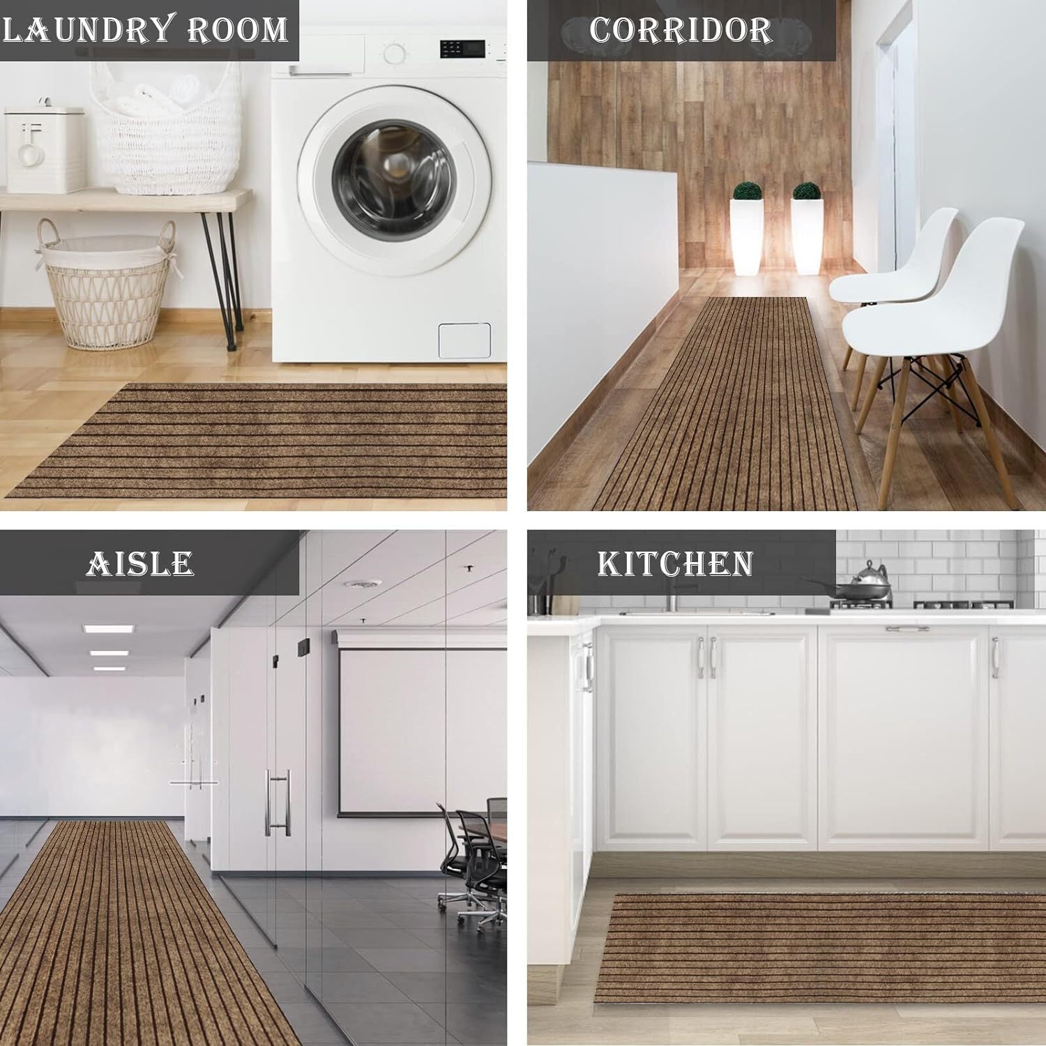 Runner Rug Non-Slip Rubber Backing Indoor Outdoor Hallway Kitchen Entryway Bedroom Carpet Runner Stain Resistant Low Pile Easy Clean Multiple Sizes 2FT Wide 8 Colors Grid Strip
