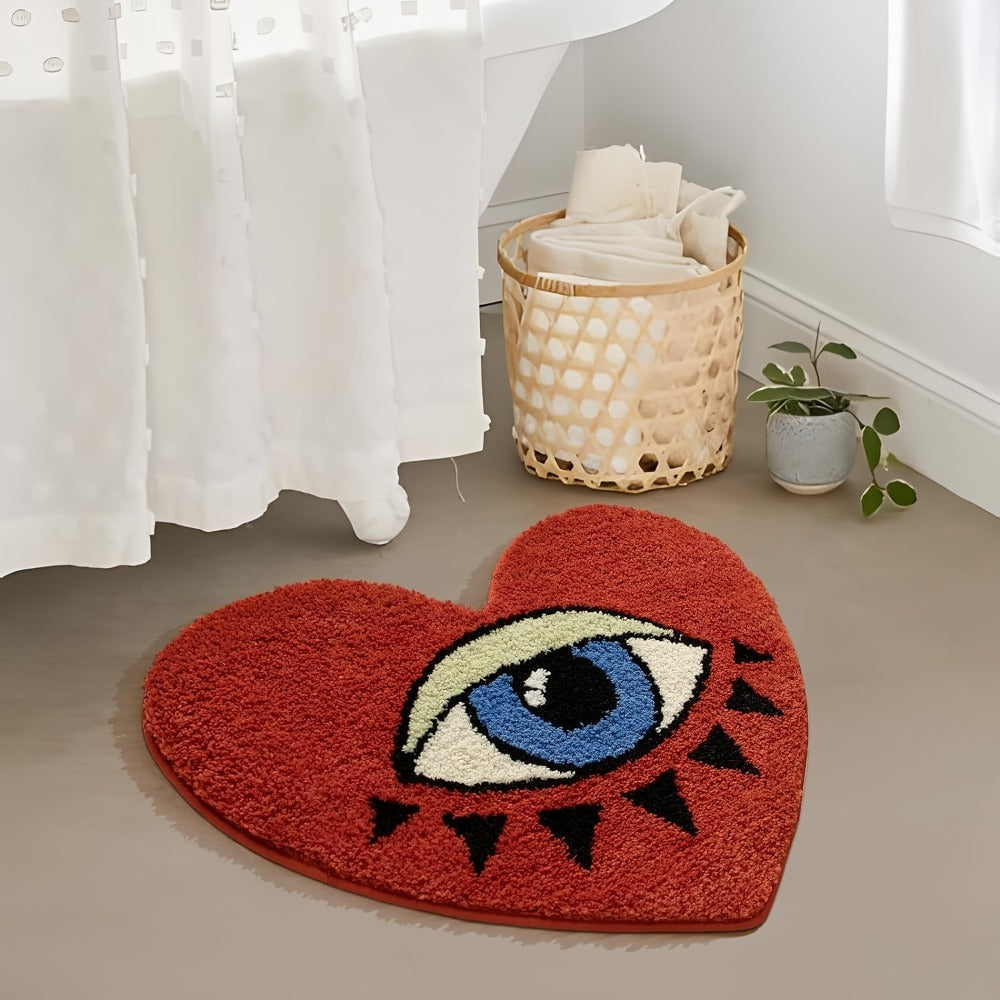 Eye Pattern Heart Shaped Bathroom Mat Plush Non-Slip Absorbent Bath Rug 20x24 inch Valentine Home Decor