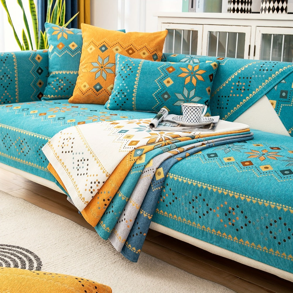 Bohemian Chenille Sofa Cover | Geometric Print Non-Slip Couch Slipcover, Thick Plush Boho Style, 1 to 4 Seat, Armrest & Backrest, Machine Washable, Sectional Sofa Protector