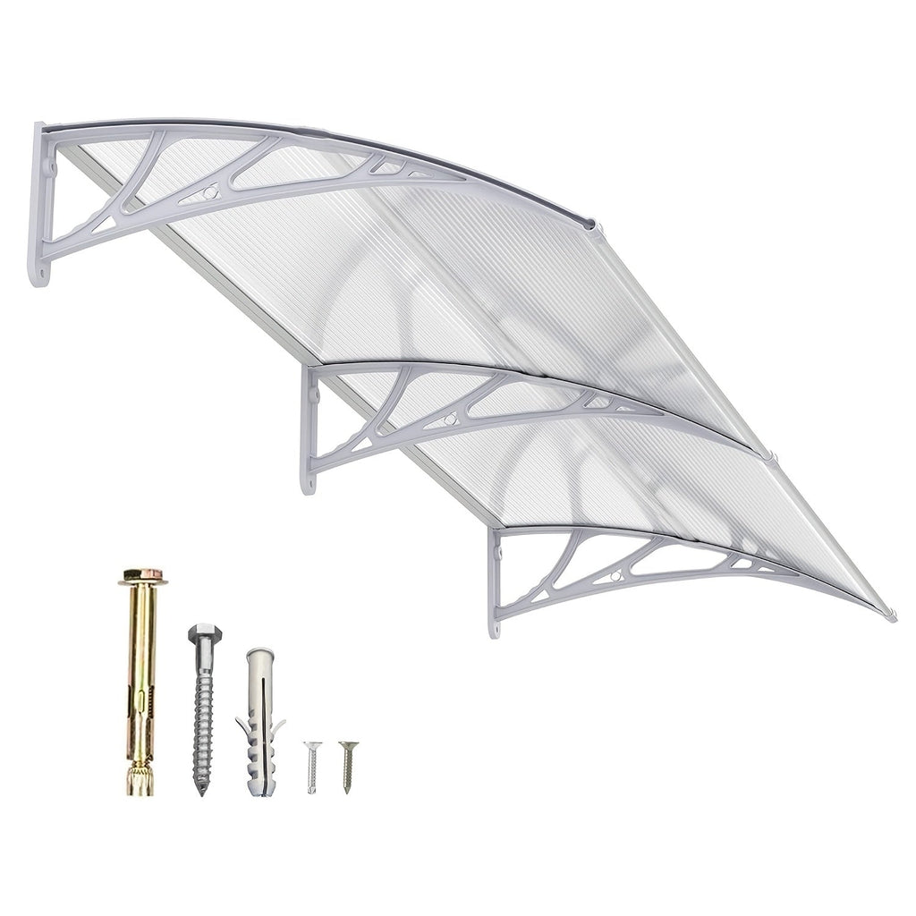 Polycarbonate Window Awning Door Canopy - UV Rain Snow Sun Protection Overhang for Doorways, Patio & Windows, Multiple Sizes, Black/Gray Bracket with Blue/Clear/Brown Board