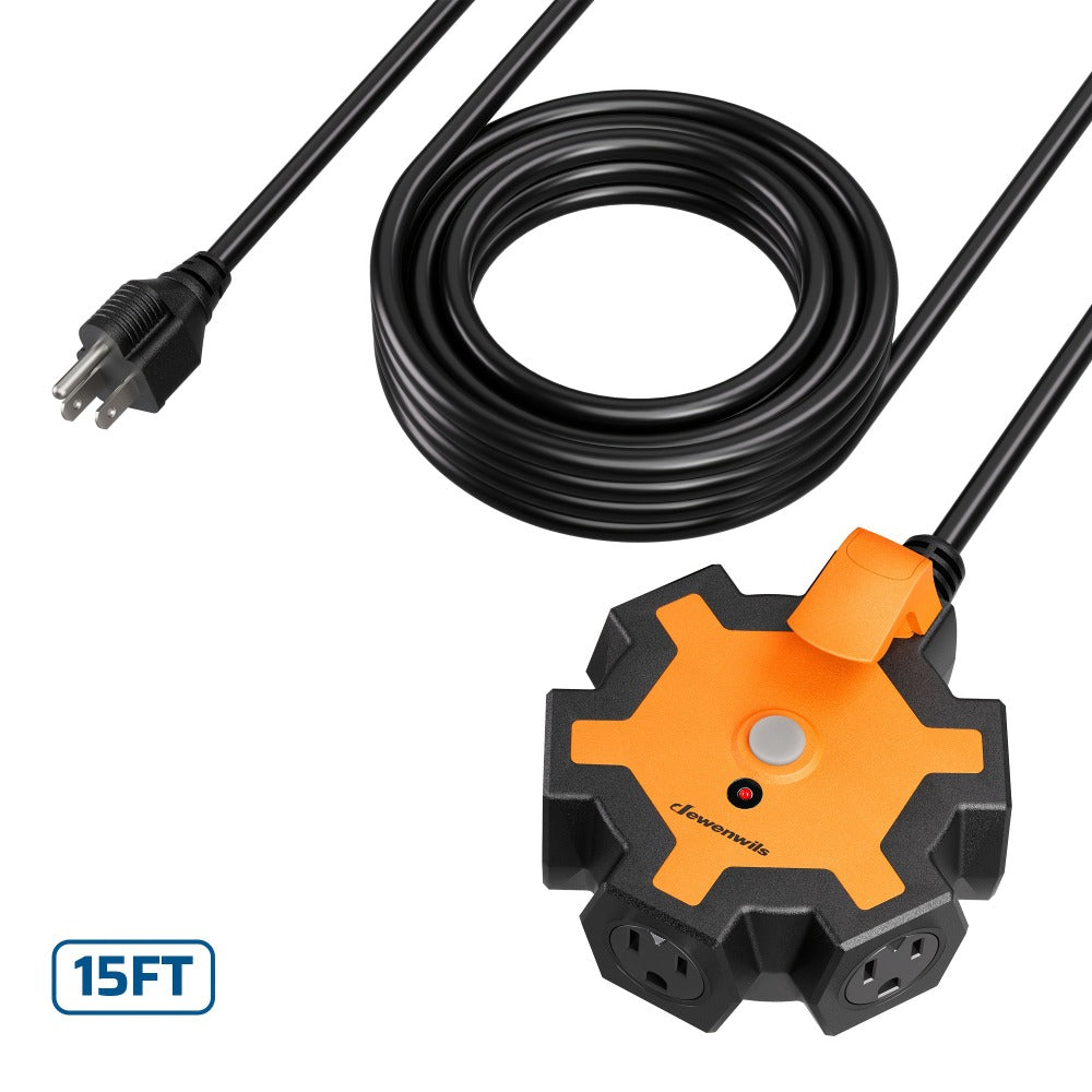 Industrial Power Strip 5-Outlet 15ft Heavy Duty Extension Cord 14/3 AWG SJTW Circuit Breaker Swivel Safety Covers for Garage Workshop Workbench