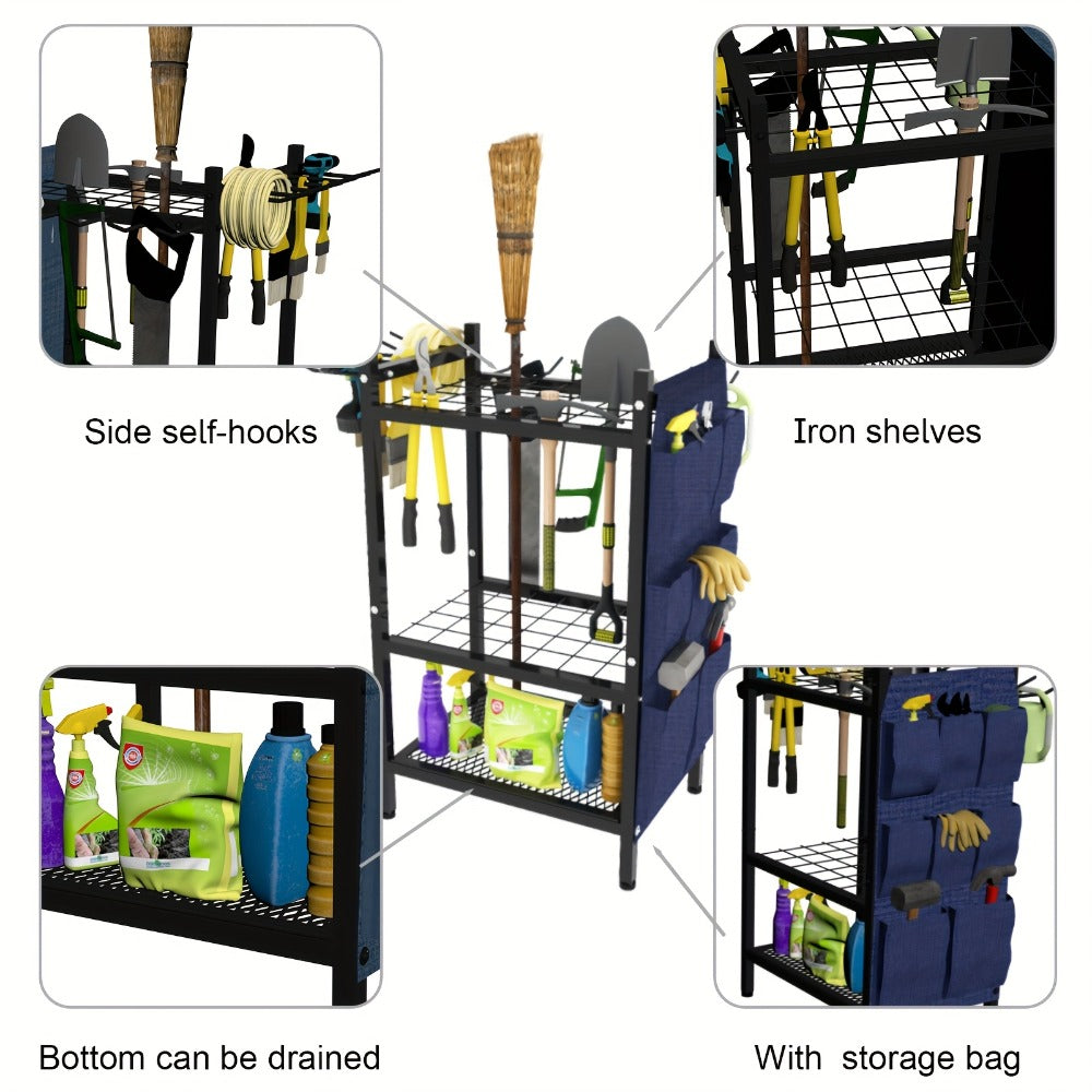 Tool Storage Rack with Storage Bag ¨C Metal Yard Tool Organizer for Garage Holds 35 Long-Handled Tools, Broom, Shovel, Rake Stand Holder, Heavy Duty Freestanding Garden Tool Rack for Outdoor & Yard, Black
