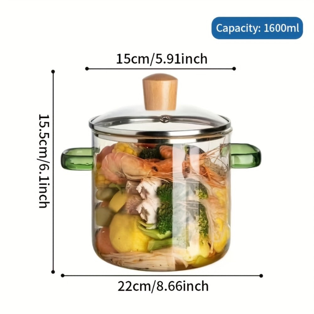Glass Cooking Pot 54oz 1600ml Borosilicate Heat-Resistant with Lid ¨C Transparent Dumpling & Ramen Pot for Stove & Oven | Odorless Easy-Clean Soup Milk Pot with Green or Yellow Stainless Steel Handle