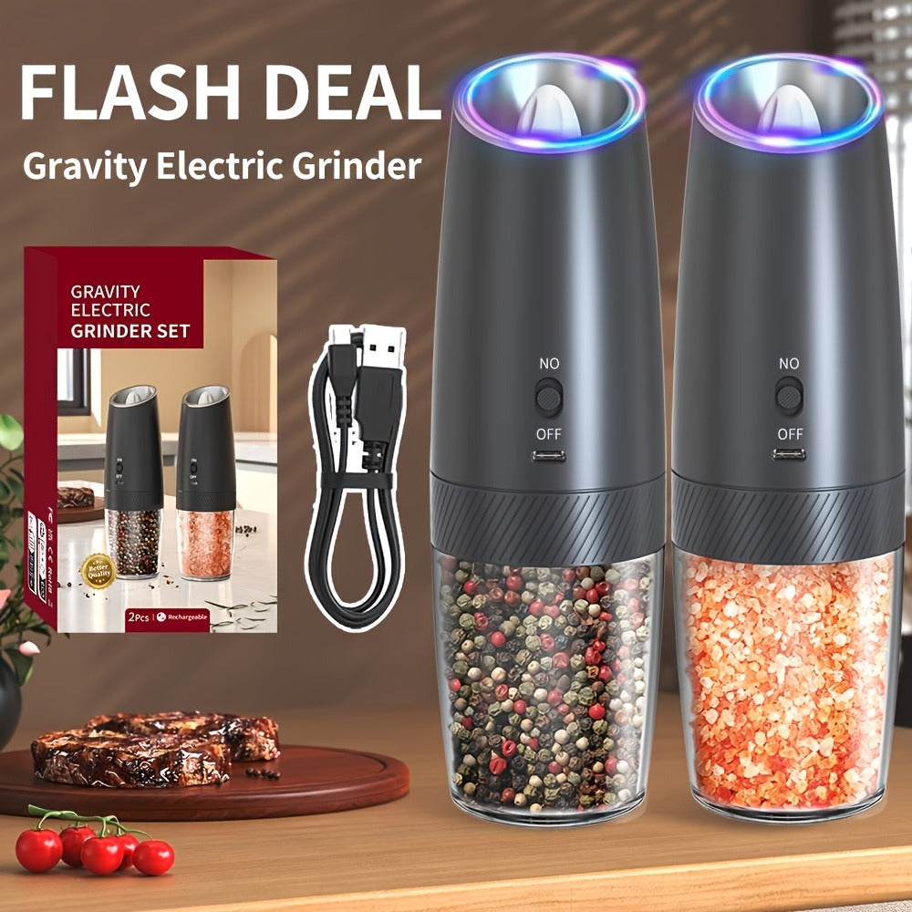 Electric Salt and Pepper Grinder Gravity Sensing USB Rechargeable with LED Light, One-Hand Operation Automatic Pepper Mill Adjustable Coarseness, Battery or Type-C Powered Kitchen Spice Grinder Set 1-2pcs