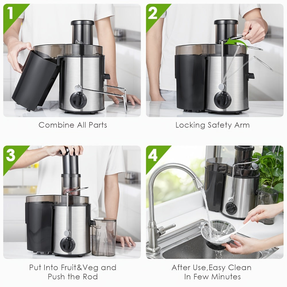 Centrifugal Juicer Machine 400W Wide Mouth Whole Fruit Vegetable Juice Extractor Stainless Steel BPA Free Easy Clean Nonslip Feet Silver