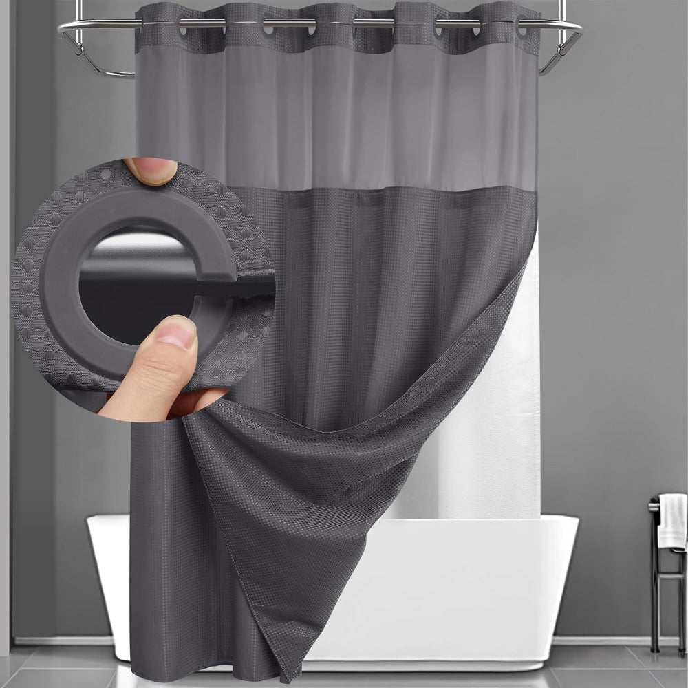 Hookless Shower Curtain with Snap Liner 74x71 Inch - Waffle Texture Double Layer with See-Through Window Waterproof Washable Hotel Quality Bathroom Curtain Set | Grey White Matcha Black | Home Decor Gift