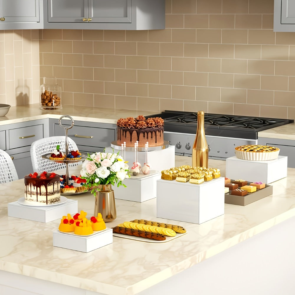 Display Stands 6pcs Five-Sided Square Buffet Risers - White Transparent Dessert Cake Display Storage Rack for Party Wedding Catering Retail Boutique Gallery Home Decor
