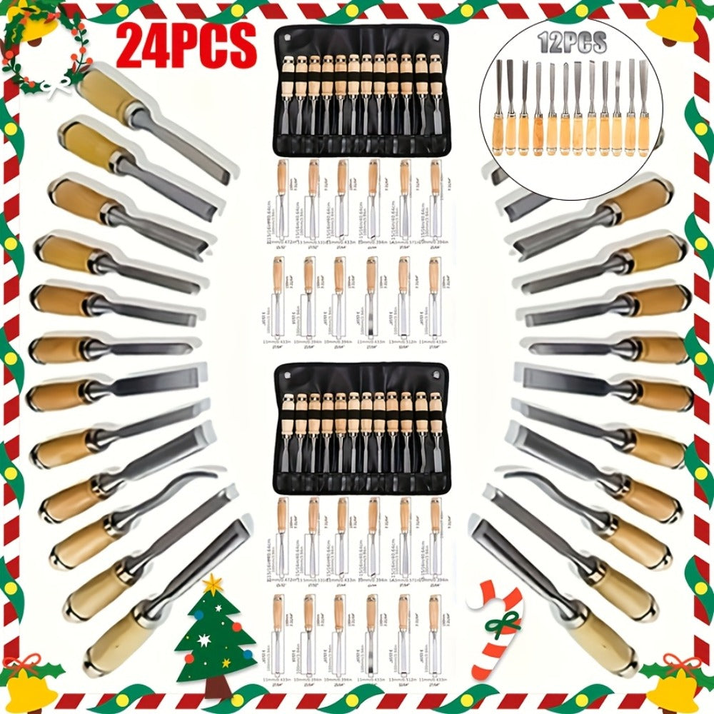 Wood Carving Chisel Set 12 & 24-Piece ¨C Professional Beech Wood Handle Woodworking Chisels, Detail Carving Hand Tools for Beginners & Experts, Ideal Woodworker Gift