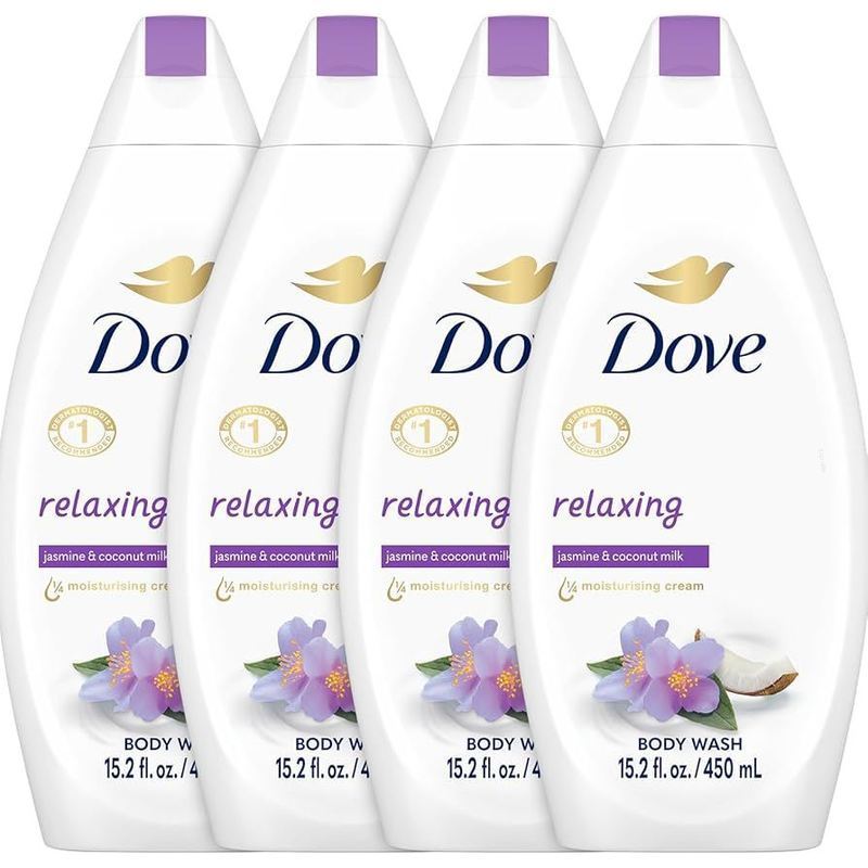 Dove Body Wash Coconut Milk Jasmine Petals 15.2oz Pack of 4 Moisturizing Relaxing Shower Gel Softer Smoother Skin After One Shower for Women