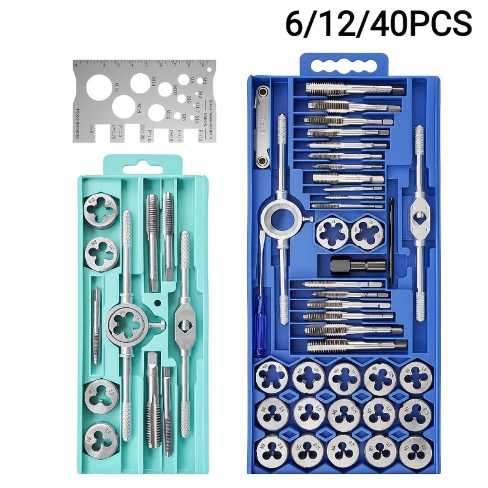Tap and Die Set Metric ¨C 12-Piece & 40-Piece M3-M12 Thread Plug Straight Taper with Pitch Calipers & Wrench, Internal & External Threading Tool Kit for Metal, DIY & Home Repair