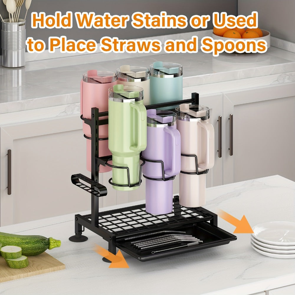 Cup Holder Rack 6-Grid Cast Iron Water Bottle Organizer for Kitchen Cabinet | Adjustable Height Drinkware Storage Rack Holds 40oz Cups Mugs Tumblers Stanley Bottles Space-Saving Kitchen Organizer