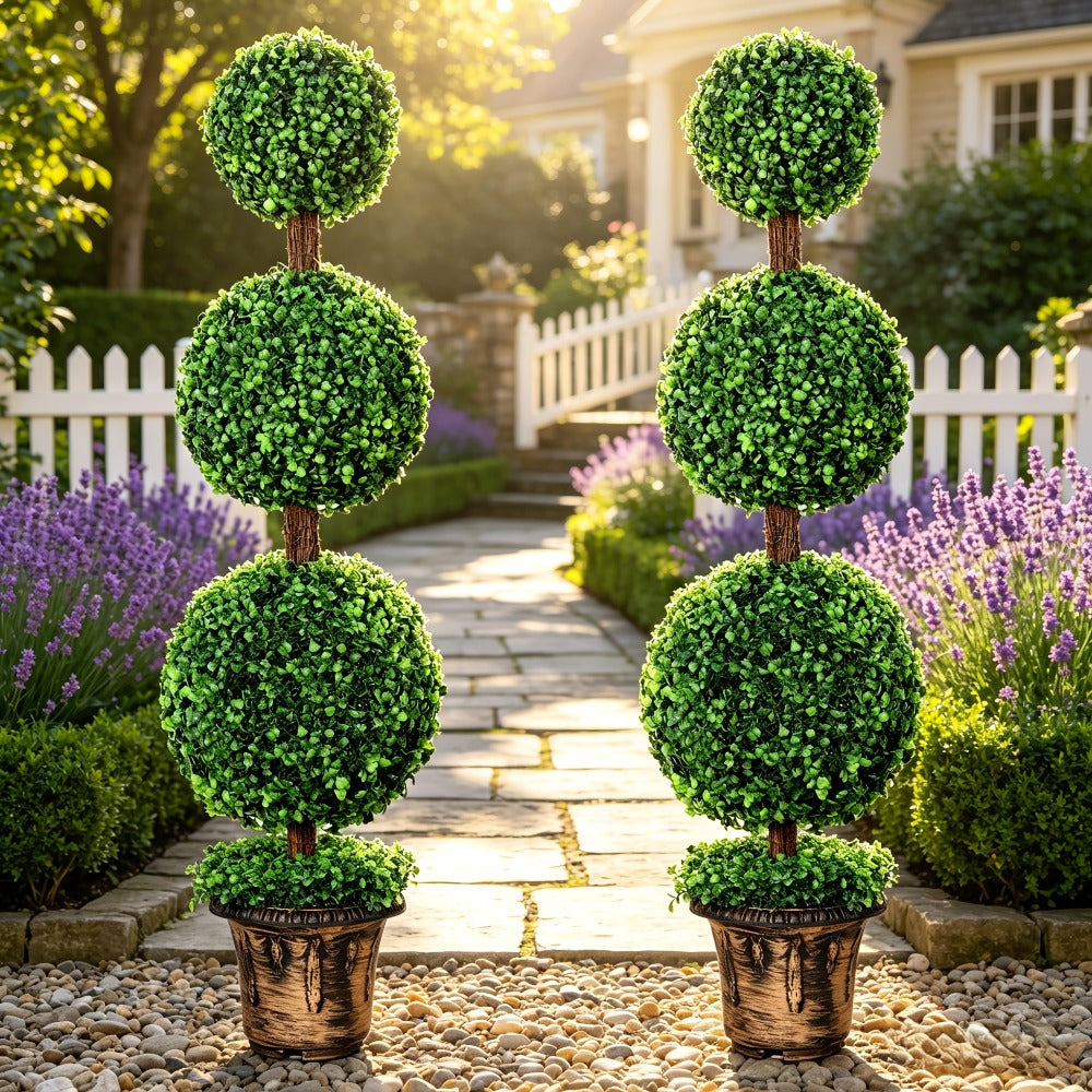 Artificial Boxwood Topiary Tree 2 Pack 3ft 4ft Faux Topiary Ball Tree Potted Plant for Front Door Porch Living Room Indoor Outdoor Decor
