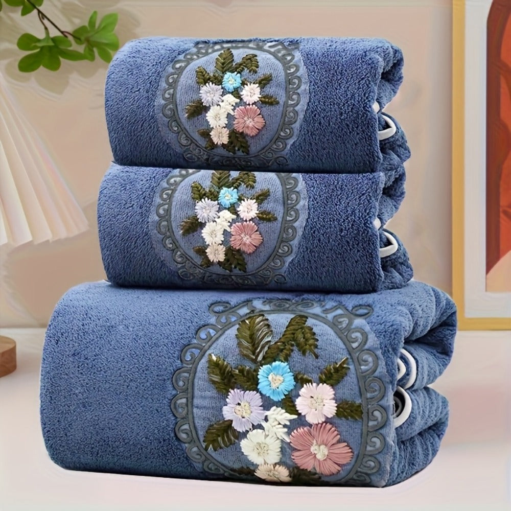 Embroidered Flower Towel Set 3-Piece Soft Absorbent Skin-Friendly Bath Towel and Face Towels for Bathroom Home Bathing Beach