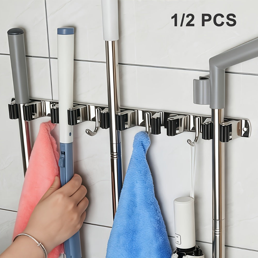 Mop and Broom Holder Wall Mount ¨C Stainless Steel Heavy Duty Self Adhesive Rack with 5 Slots & 4 Hooks, No-Drill Storage Organizer for Kitchen Garage Laundry Garden Home