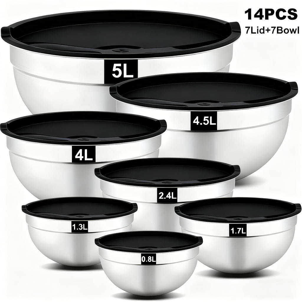 Stainless Steel Mixing Bowls with Airtight Lids Set of 14 Seven Nesting Bowls 0.7 to 4.5QT for Mixing Serving Salad Food Prep Kitchen Storage