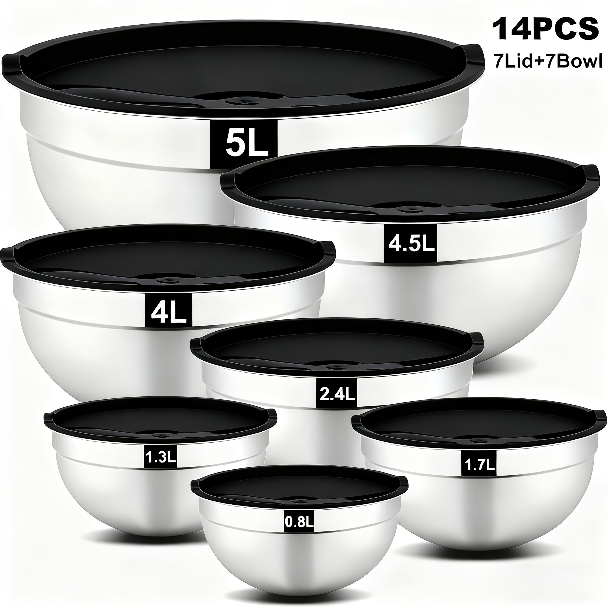 Stainless Steel Mixing Bowls with Airtight Lids Set of 14 Seven Nesting Bowls 0.7 to 4.5QT for Mixing Serving Salad Food Prep Kitchen Storage