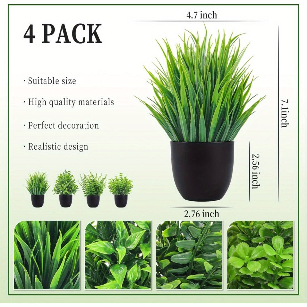 Artificial Plants 4 Pack Small Fake Plants in Black Pots for Bathroom Home Office Desktop Indoor Decor - Mini Faux Greenery Set for Shelf Table Desk