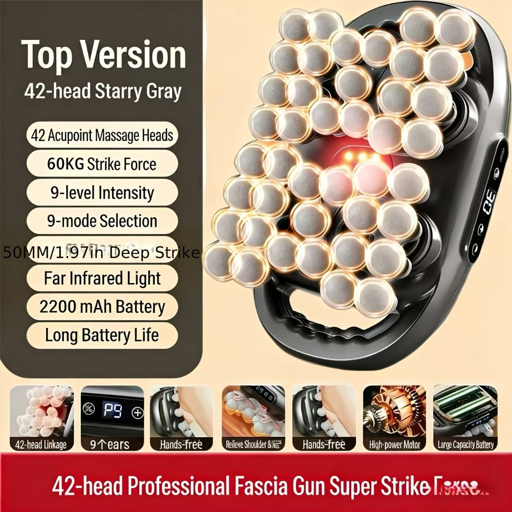 Massage Gun ¨C 42-Head Percussion Fascia Gun with 9 Speed Modes, Deep Tissue Muscle Massager for Back, Neck, Shoulder & Leg Pain Relief, Rechargeable Cordless Handheld Recovery Device for Athletes