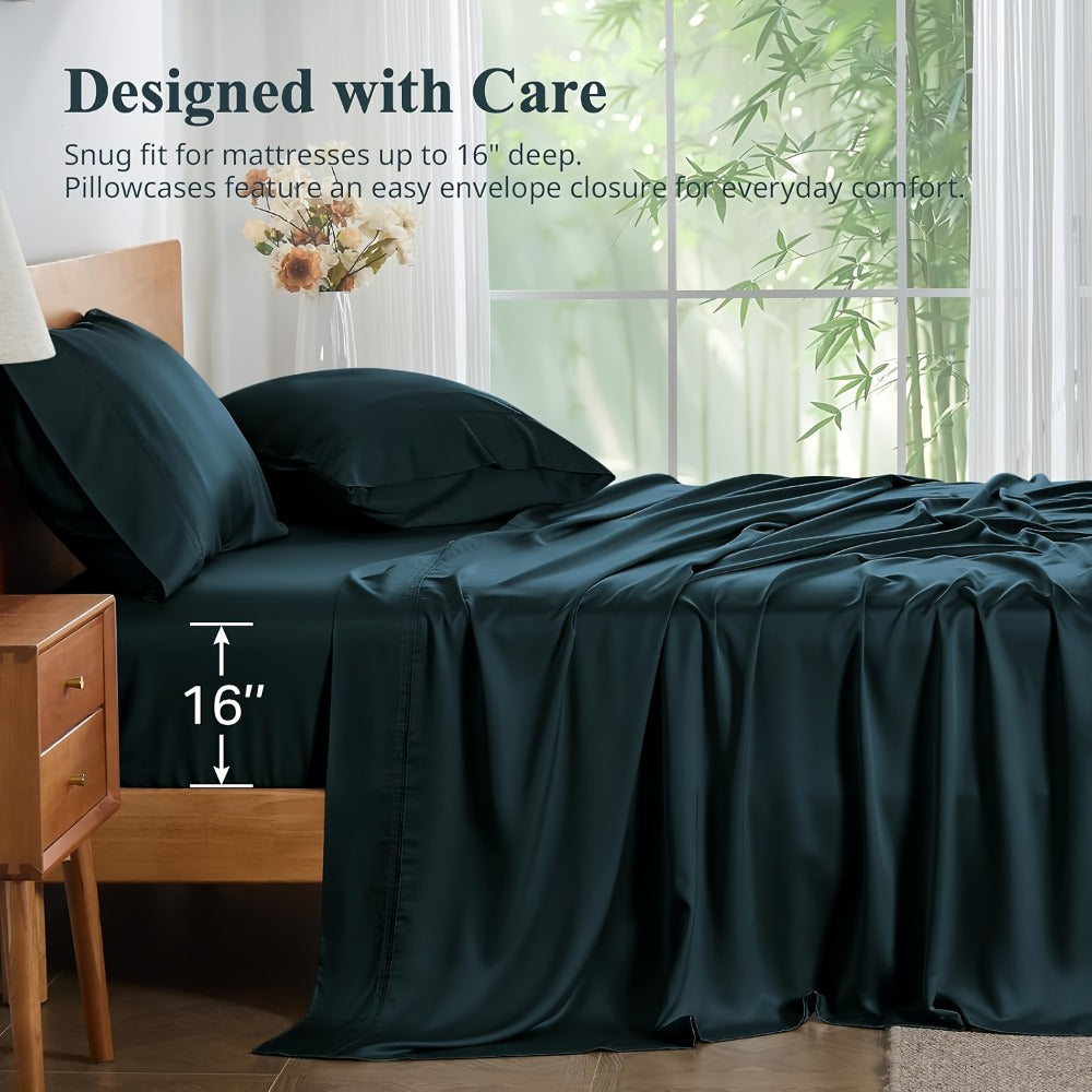 Bamboo Cooling Bed Sheet Set 4pcs Extra Deep Pocket Breathable Fitted Sheet Flat Sheet Pillowcases for Hot Sleepers Twin Full Queen King